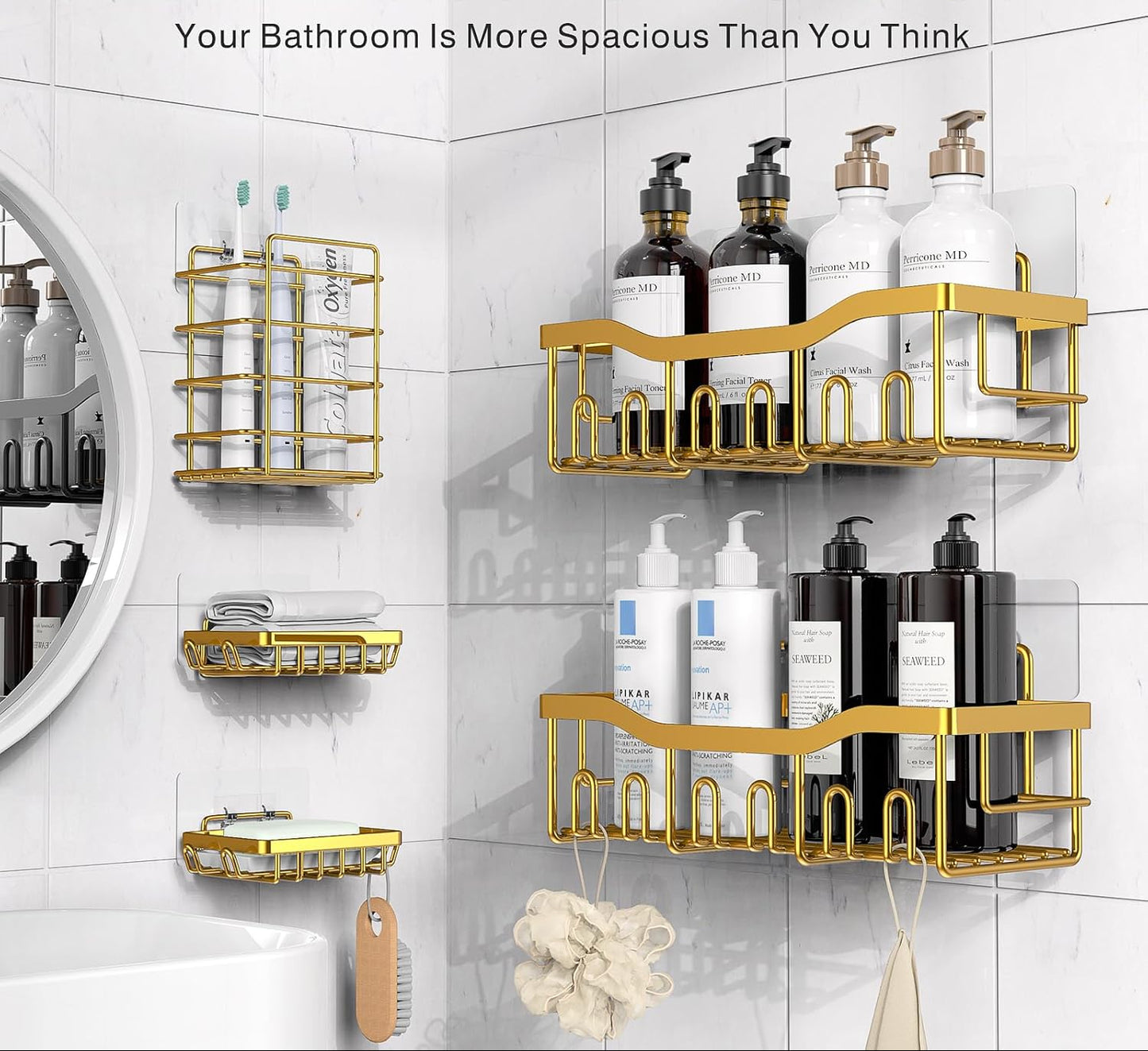 Dluxe Ave. 5 -Pack Adhesive Shower Organizer for Bathroom No Drilling, Large Capacity,Rustproof Stainless Steel