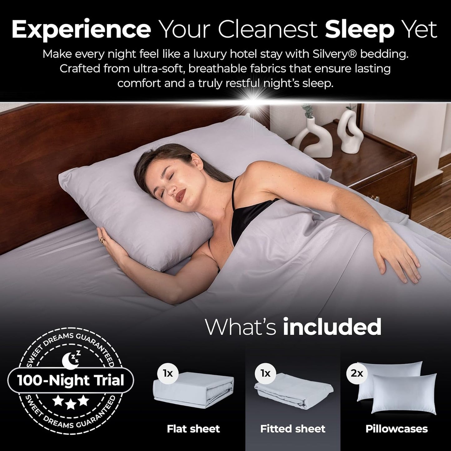 Dluxe Ave. ( CALI./ KING ) Silvery Silver Infused Bed Sheets Set, Award Winning Self Cooling, Luxurious Silky Soft Comfort