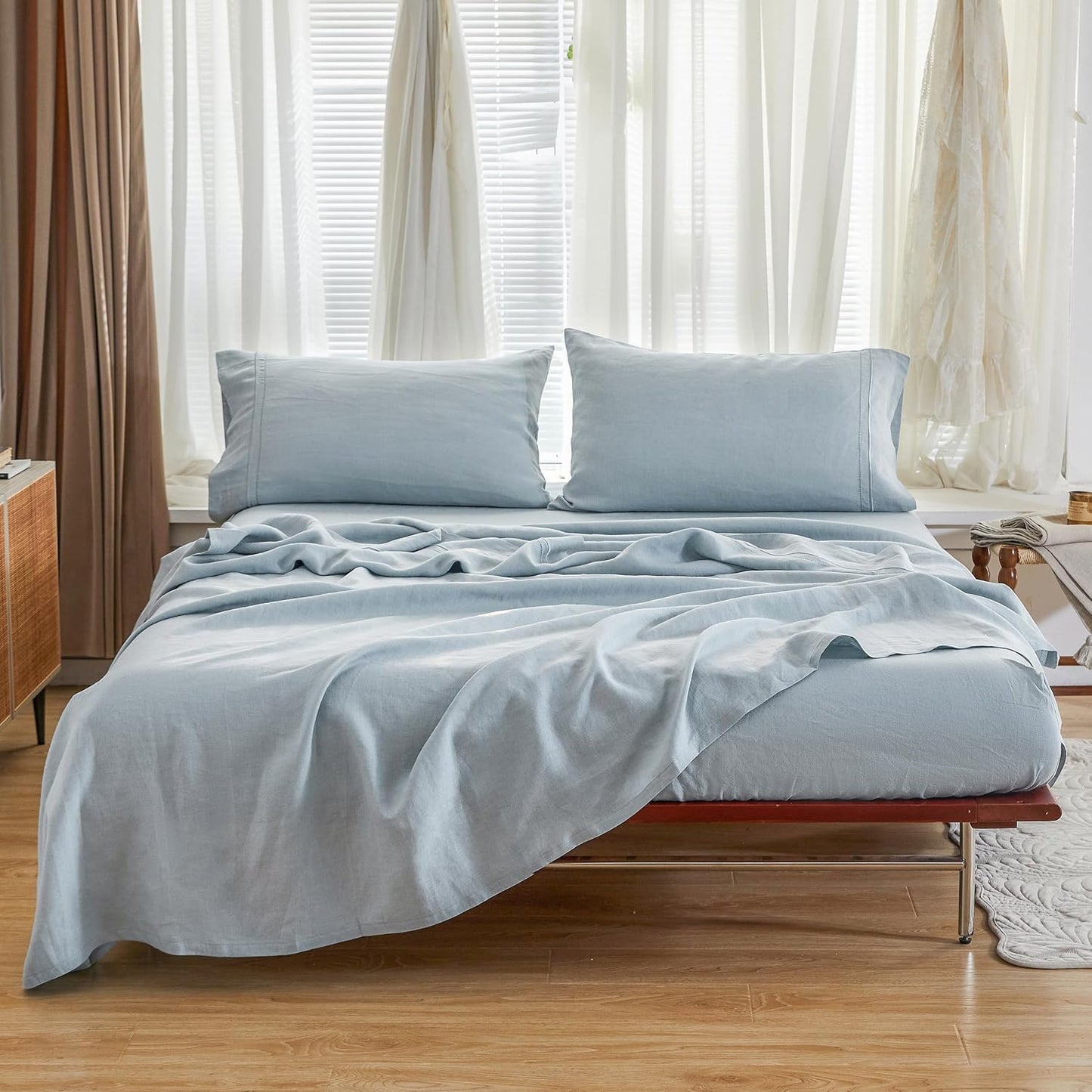Dluxe Ave. ( KING ) 4Pcs 100% French Linen Sheet Set, Dusty Blue