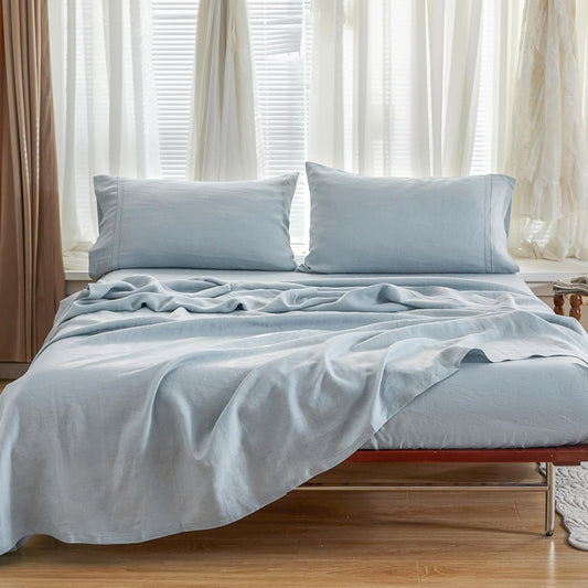 Dluxe Ave. ( KING ) 4Pcs 100% French Linen Sheet Set, Dusty Blue