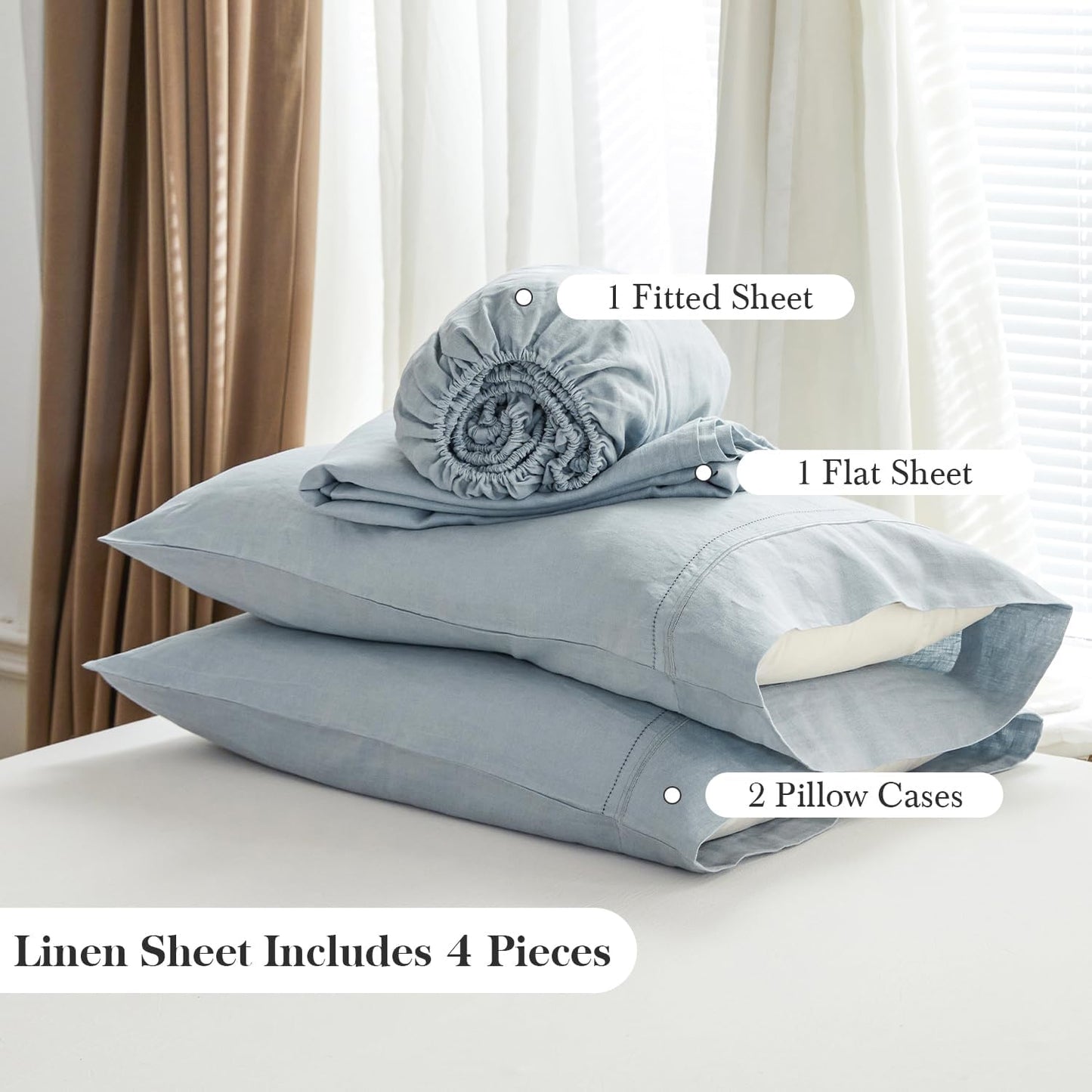 Dluxe Ave. ( KING ) 4Pcs 100% French Linen Sheet Set, Dusty Blue