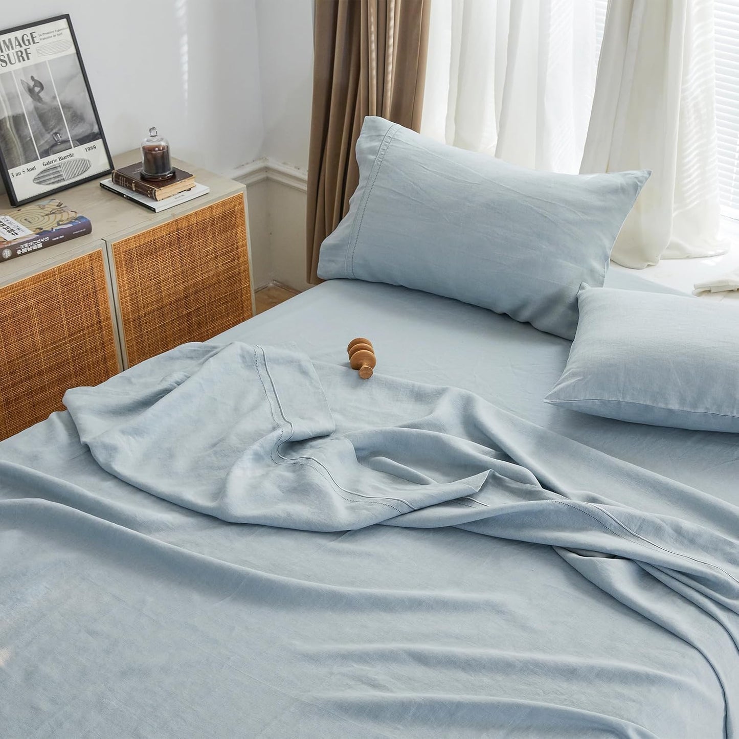 Dluxe Ave. ( KING ) 4Pcs 100% French Linen Sheet Set, Dusty Blue