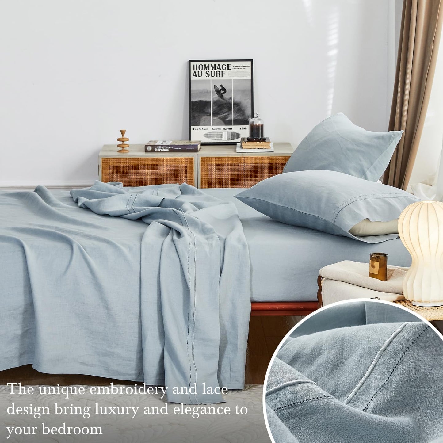 Dluxe Ave. ( KING ) 4Pcs 100% French Linen Sheet Set, Dusty Blue