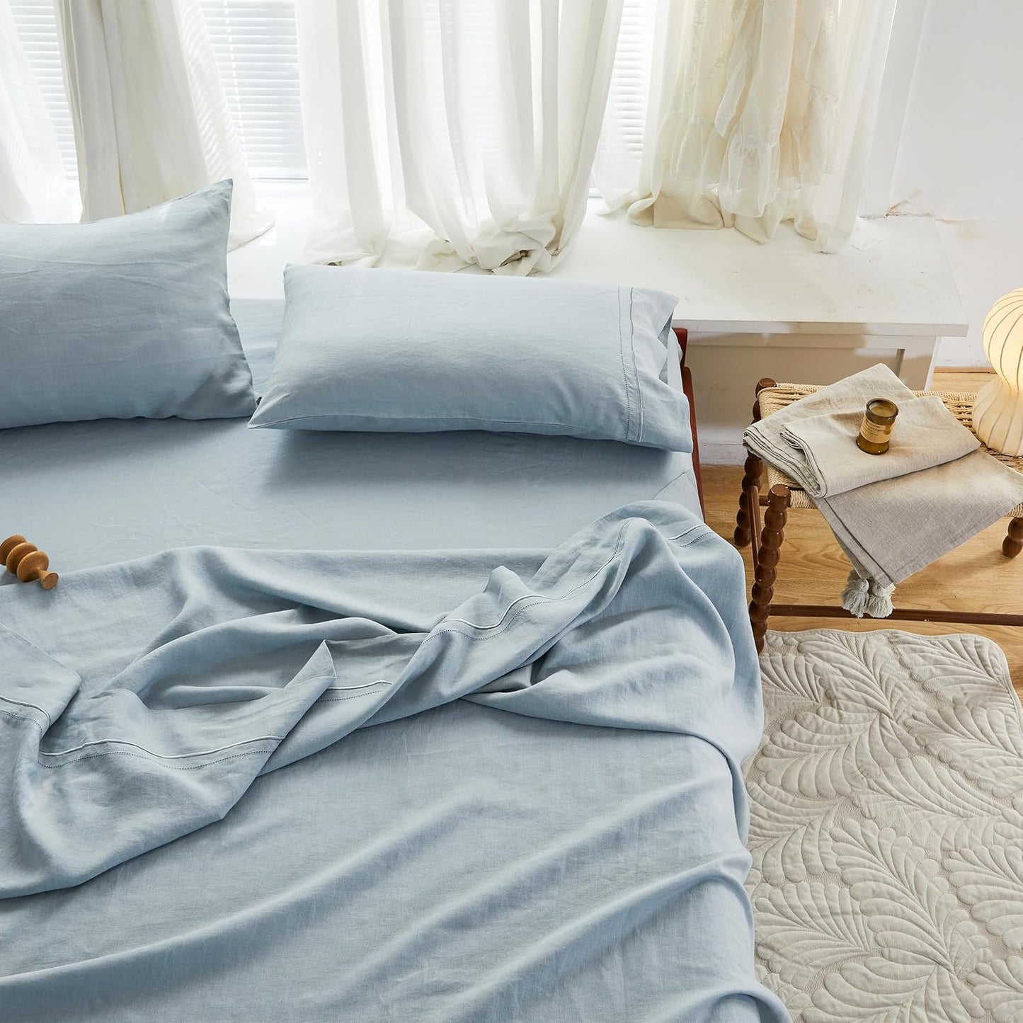 Dluxe Ave. ( KING ) 4Pcs 100% French Linen Sheet Set, Dusty Blue