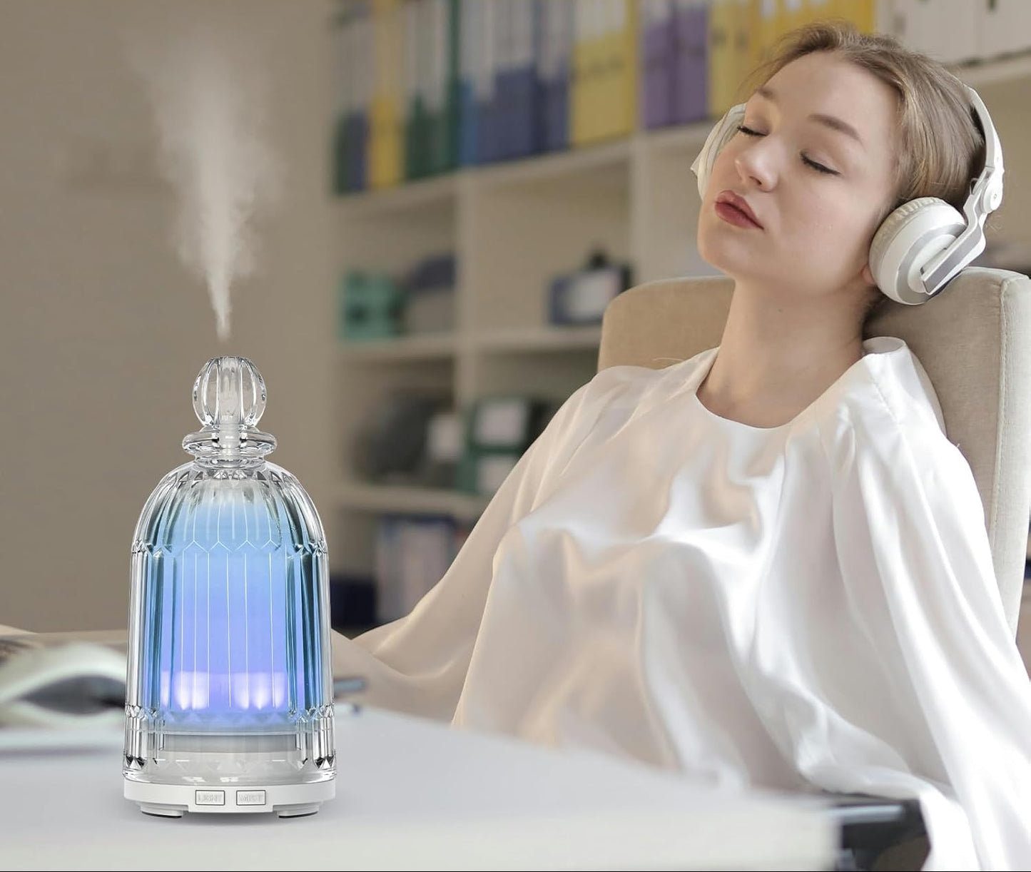Dluxe Ave. Smartwell Glass Essential Oil Diffuser Aroma Essential Oil Diffuser for Room Cool Mist Humidifiers with 7 Colors LED Night Lights Auto-Off for Home Office Spa 120ml(White Bottom)