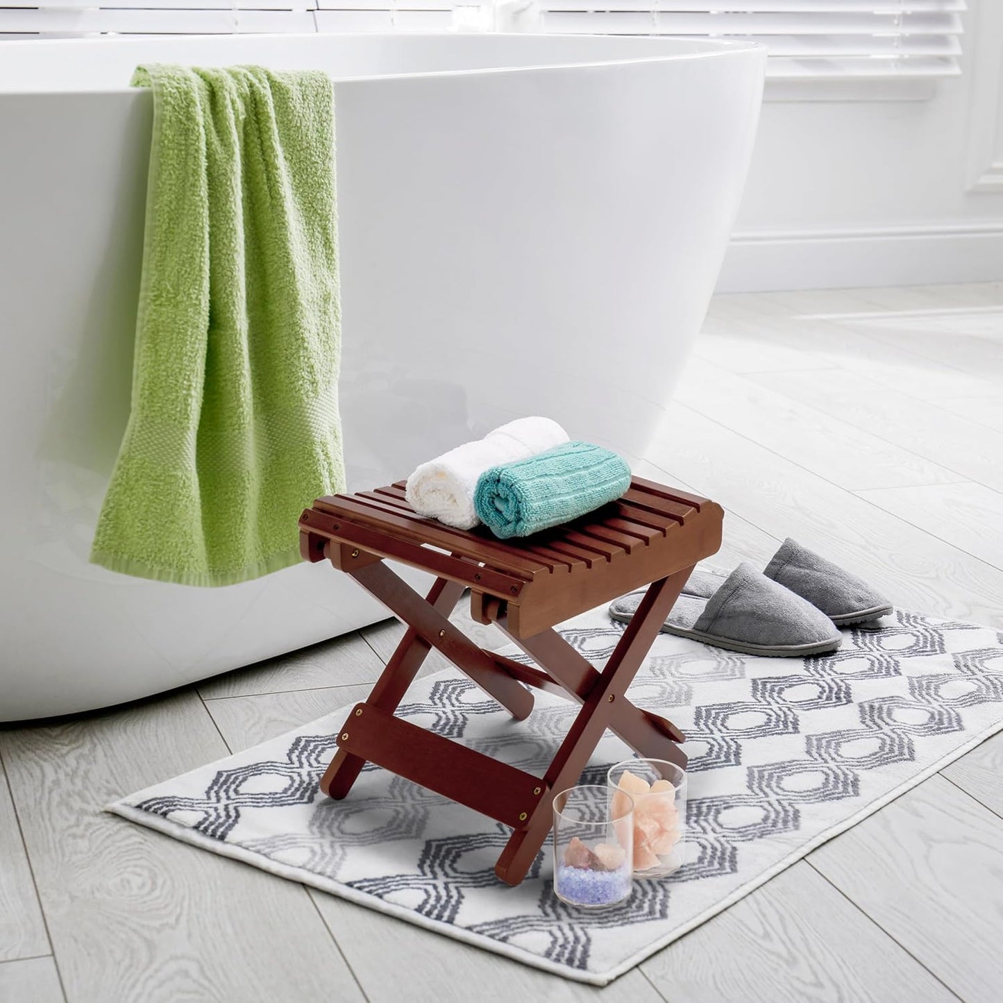 Dluxe Ave. Sorbus Bamboo Folding Step Stool Bench (Brown) - for Shaving Shower Foot Rest Bath Chair - Great for Bathroom Spa Sauna Wooden Seat Fully Assembled - 11.75" D x 12.25" W x 13.75" H