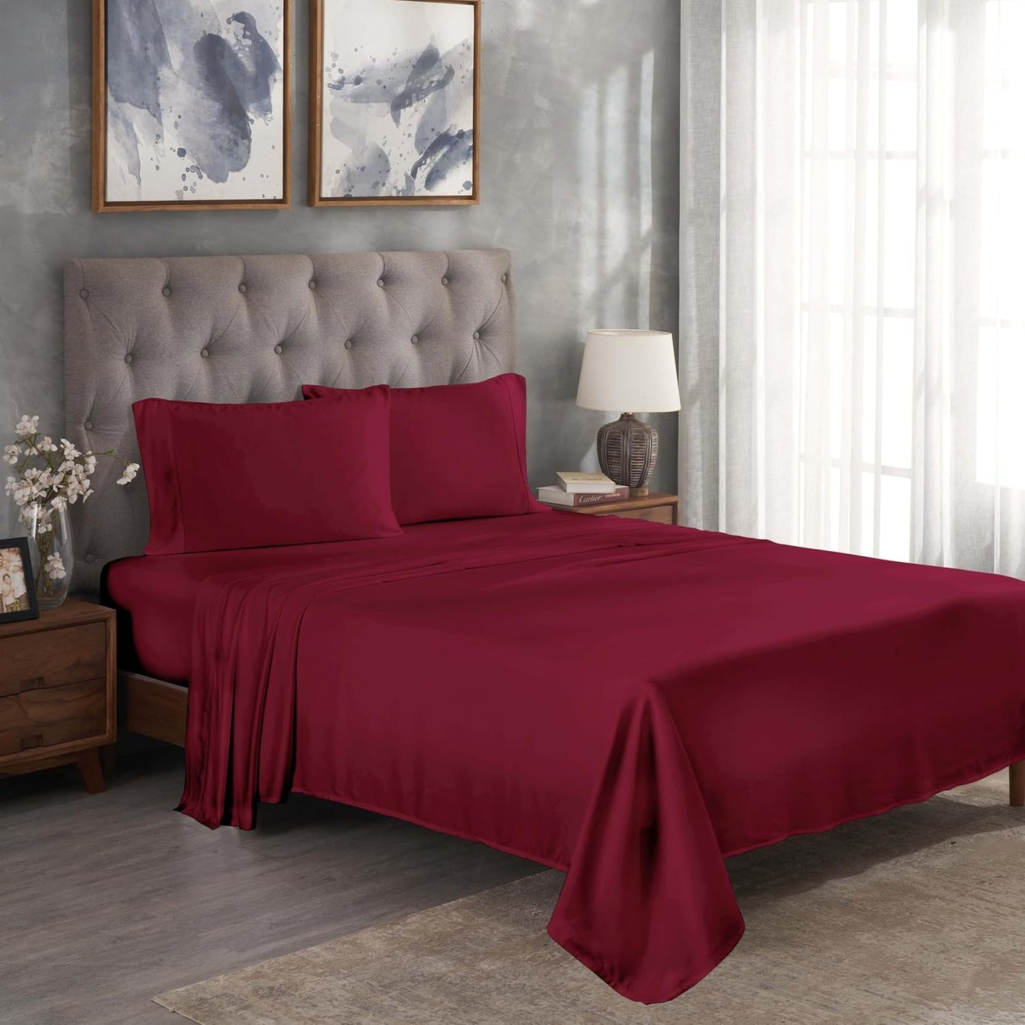 Dluxe Ave. ( QUEEN ) 300 Thread Bed Sheet Set, 1 Elastic Deep Pocket, Burgundy