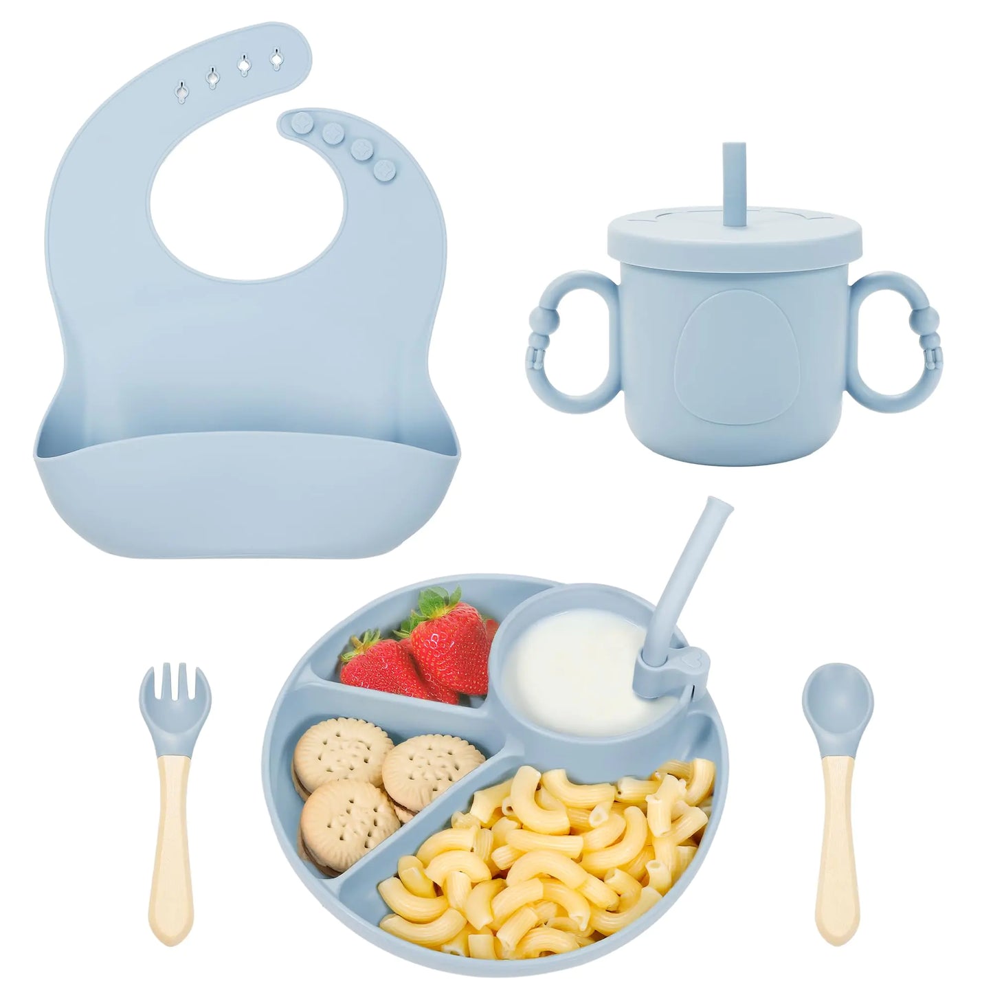 Dluxe Ave. MIICASA Silicone Baby Feeding Set Baby Led Weaning Supplies Silicone Suction Plate Bowl Spoons Fork Waterproof Bib Cup and Food Tableware Eating Utensils Baby Feeding Essentials for 3+ Months