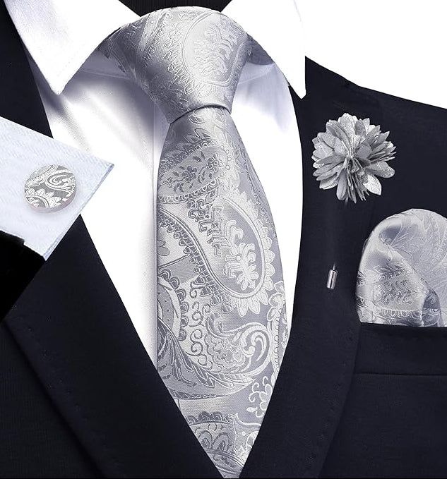 Dluxe Ave. Mens Grey Paisley Tie/ Necktie and Lapel Pin Woven Handkerchief Cufflinks Set/ Grey