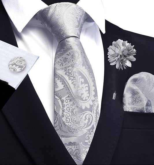 Dluxe Ave. Mens Grey Paisley Tie/ Necktie and Lapel Pin Woven Handkerchief Cufflinks Set/ Grey