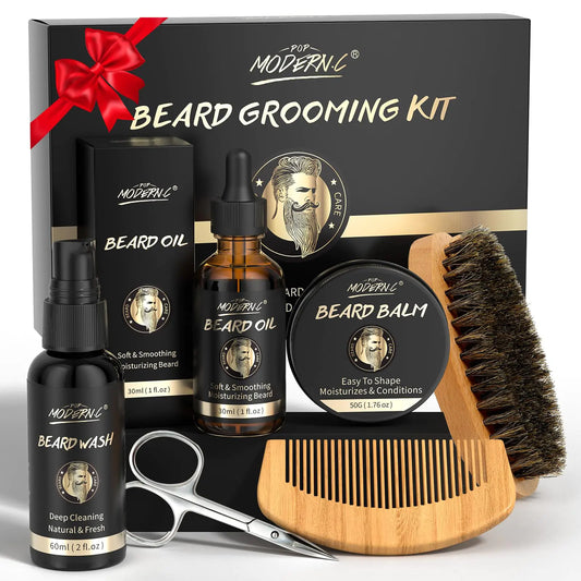 Dluxe Ave. POP MODERN.C Beard Growth and Grooming Set - 6pcs Wash Shampoo Oil Balm Comb Brush Scissors - Best Gift for Men
