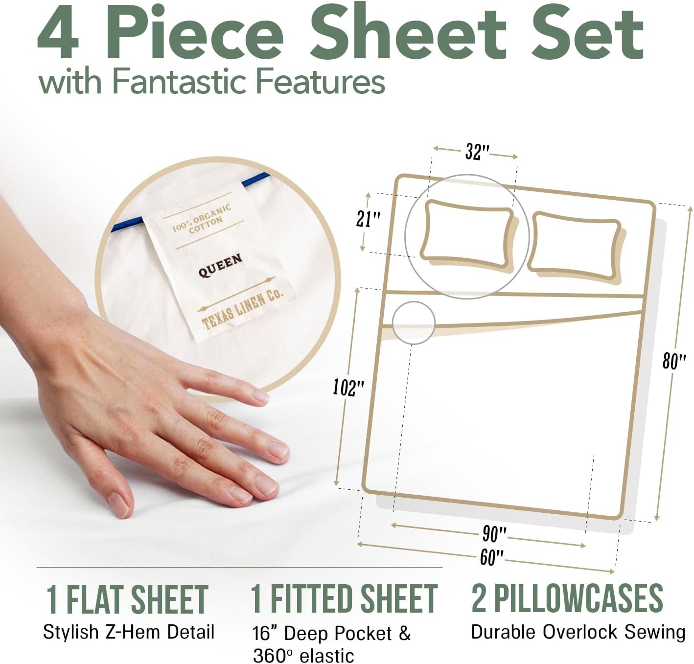 Dluxe Ave. ( QUEEN ) 4 Pcs 100% Organic Cotton Percale Sheet Set/ 16" Deep Pocket/ Luxury Hotel Sheets/ Ivory
