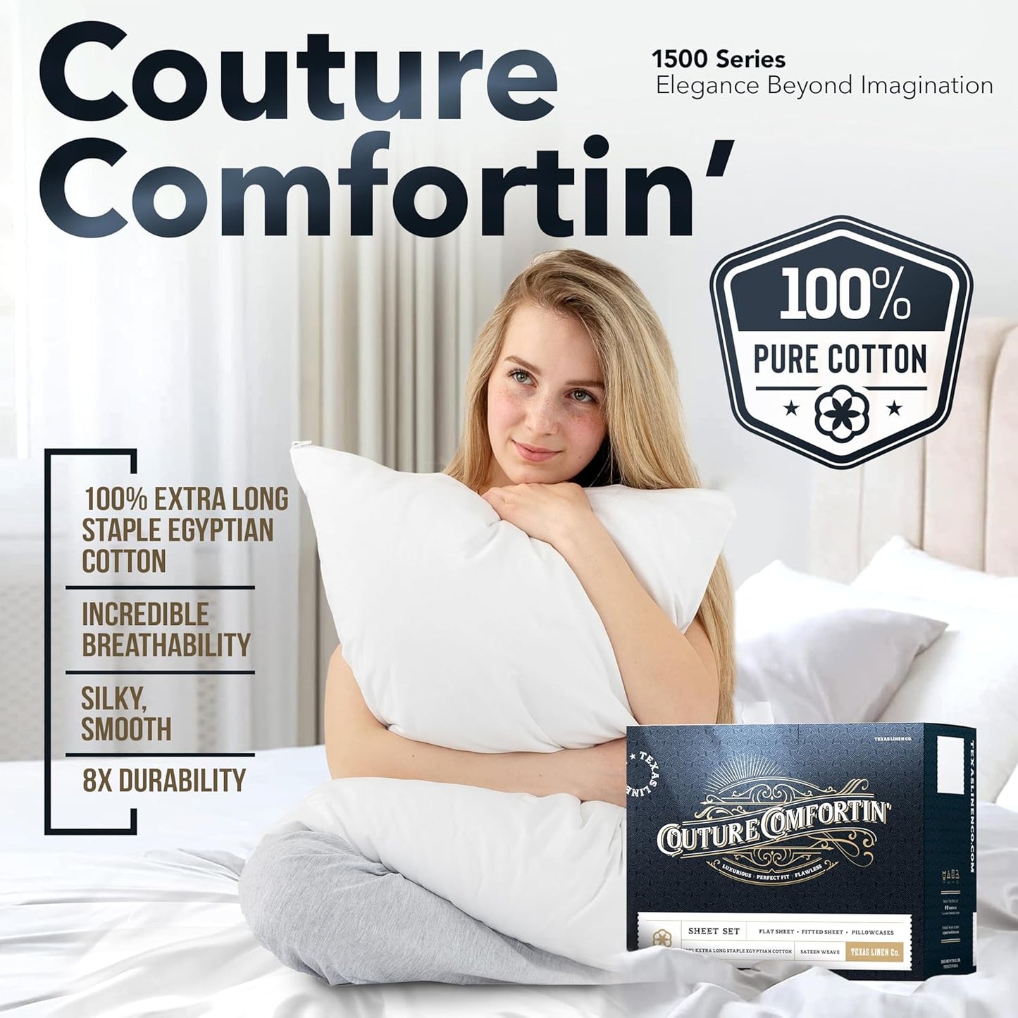 Dluxe Ave. ( KING ) TEXAS LINEN CO. Egyptian Cotton Sheets, 1500 Thread Count 4 PC,   Fits Up to 18",  Light Grey