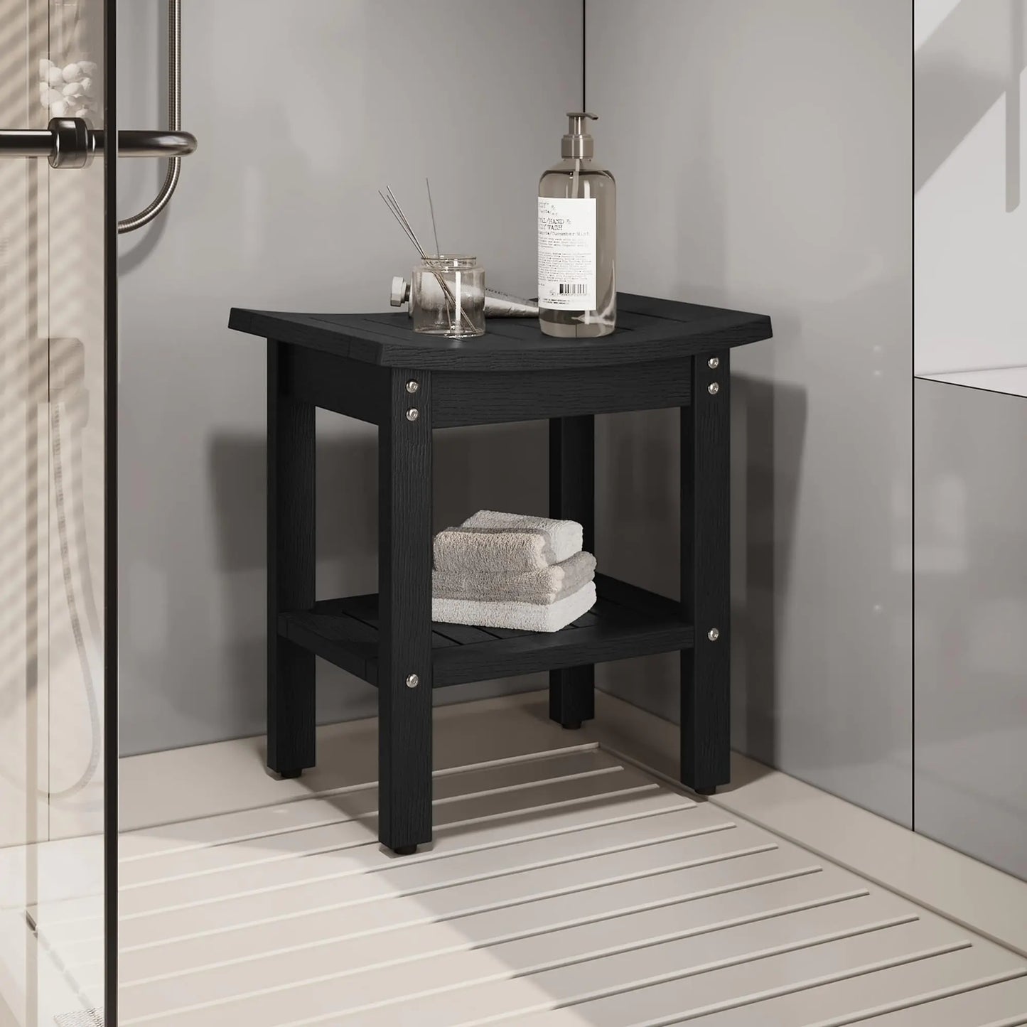 Dluxe Ave. DWVO Poly Lumber Shower Bench Shower Stool with Handles Storage Shelf Water Resistant & Non-Slip Design Shower Seat Shower Bath Chairs Spa Stool for Bathroom 15 x 12 (Black)
