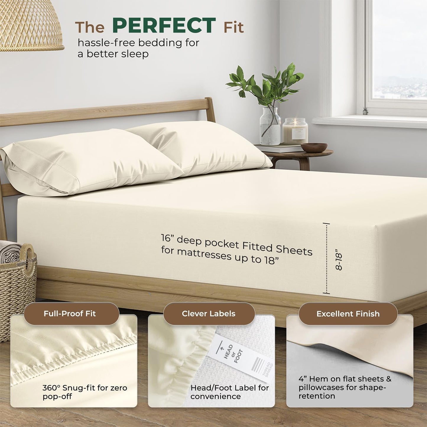 Dluxe Ave. ( TWIN ) 3 Pcs 100% Organic Cotton Bed Sheet Set, Deep Pocket with All-Around Elastic, Ivory