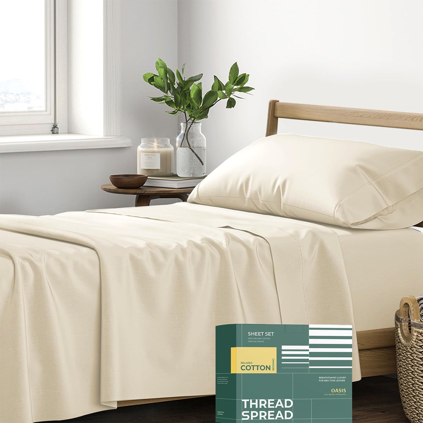 Dluxe Ave. ( TWIN ) 3 Pcs 100% Organic Cotton Bed Sheet Set, Deep Pocket with All-Around Elastic, Ivory
