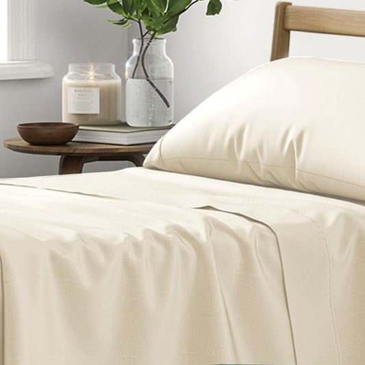 Dluxe Ave. ( TWIN ) 3 Pcs 100% Organic Cotton Bed Sheet Set, Deep Pocket with All-Around Elastic, Ivory