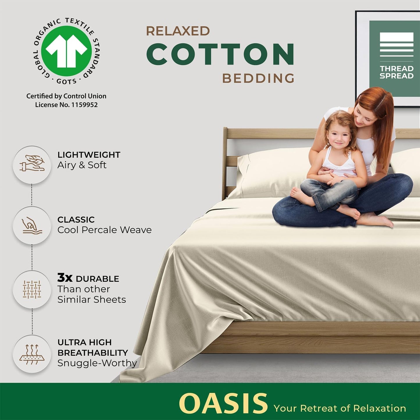 Dluxe Ave. ( TWIN ) 3 Pcs 100% Organic Cotton Bed Sheet Set, Deep Pocket with All-Around Elastic, Ivory