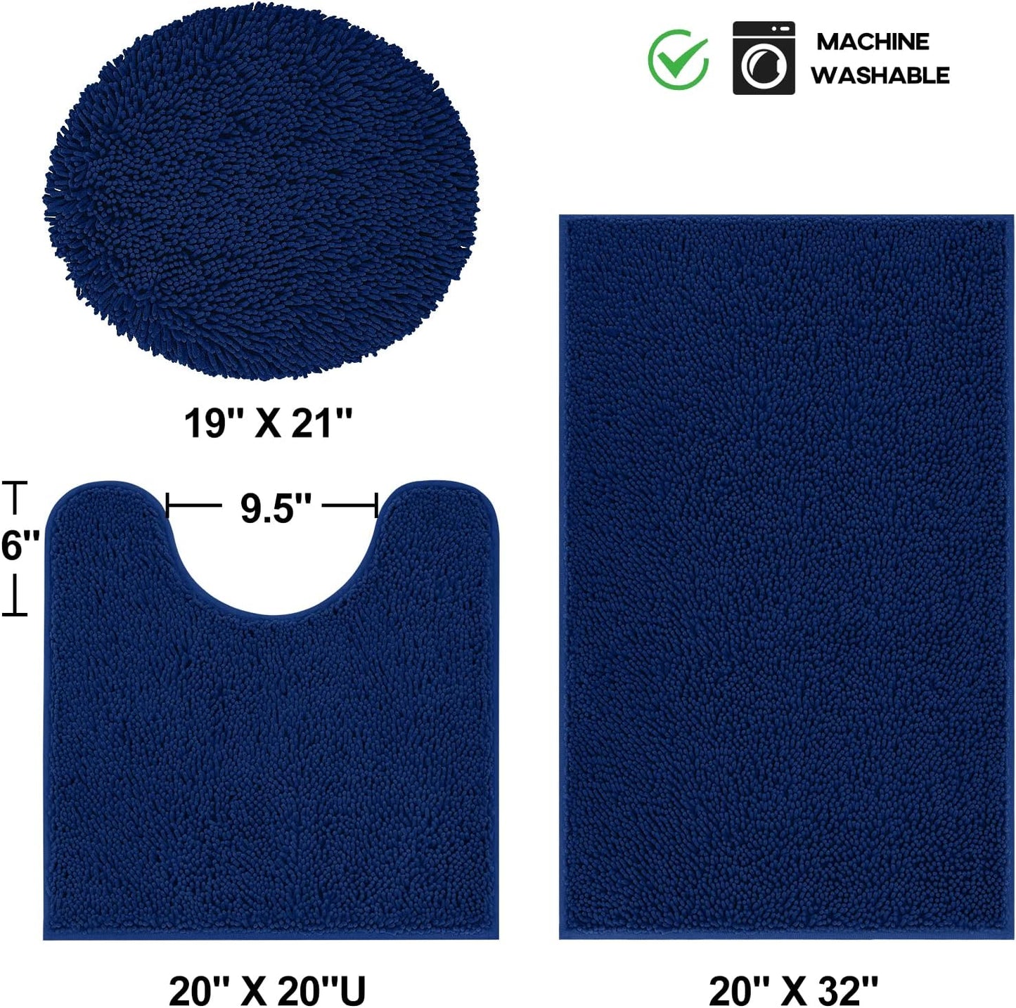 Dluxe Ave. TREETONE Chenille Bath Mat 3 Pieces Bathroom Rugs Set, 20x20 Inches U-Shape Contoured Toilet Mat & 20x32Inches Rug & Lid Cover,Soft, Water Absorbent Plush Rugs for Tub Shower & Bath Room -Navy Blue