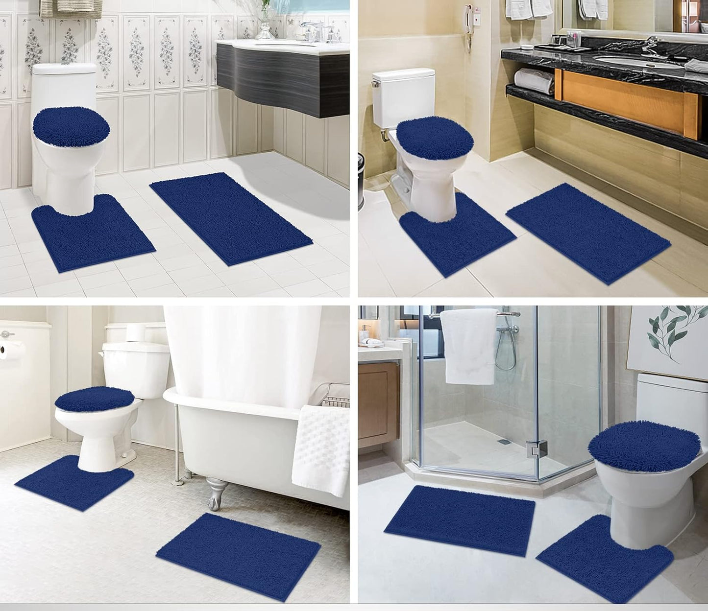 Dluxe Ave. TREETONE Chenille Bath Mat 3 Pieces Bathroom Rugs Set, 20x20 Inches U-Shape Contoured Toilet Mat & 20x32Inches Rug & Lid Cover,Soft, Water Absorbent Plush Rugs for Tub Shower & Bath Room -Navy Blue