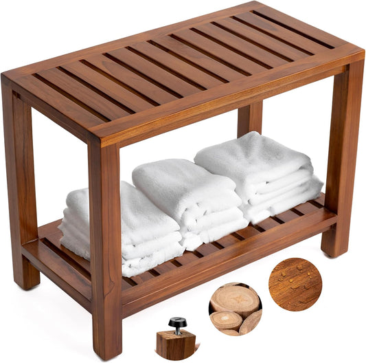 Dluxe Ave. TeakCraft Teak Shower Bench 24 Inch For Bathroom Spa - Fully Assembled