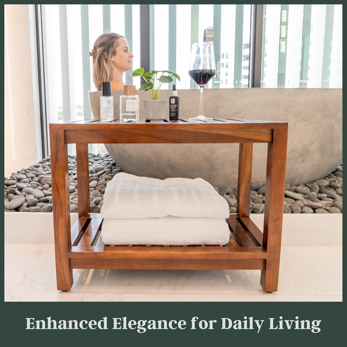 Dluxe Ave. TeakCraft Teak Shower Bench 24 Inch For Bathroom Spa - Fully Assembled