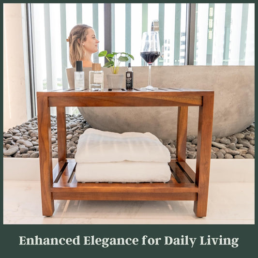 Dluxe Ave. TeakCraft Teak Shower Bench 24 Inch For Bathroom Spa - Fully Assembled