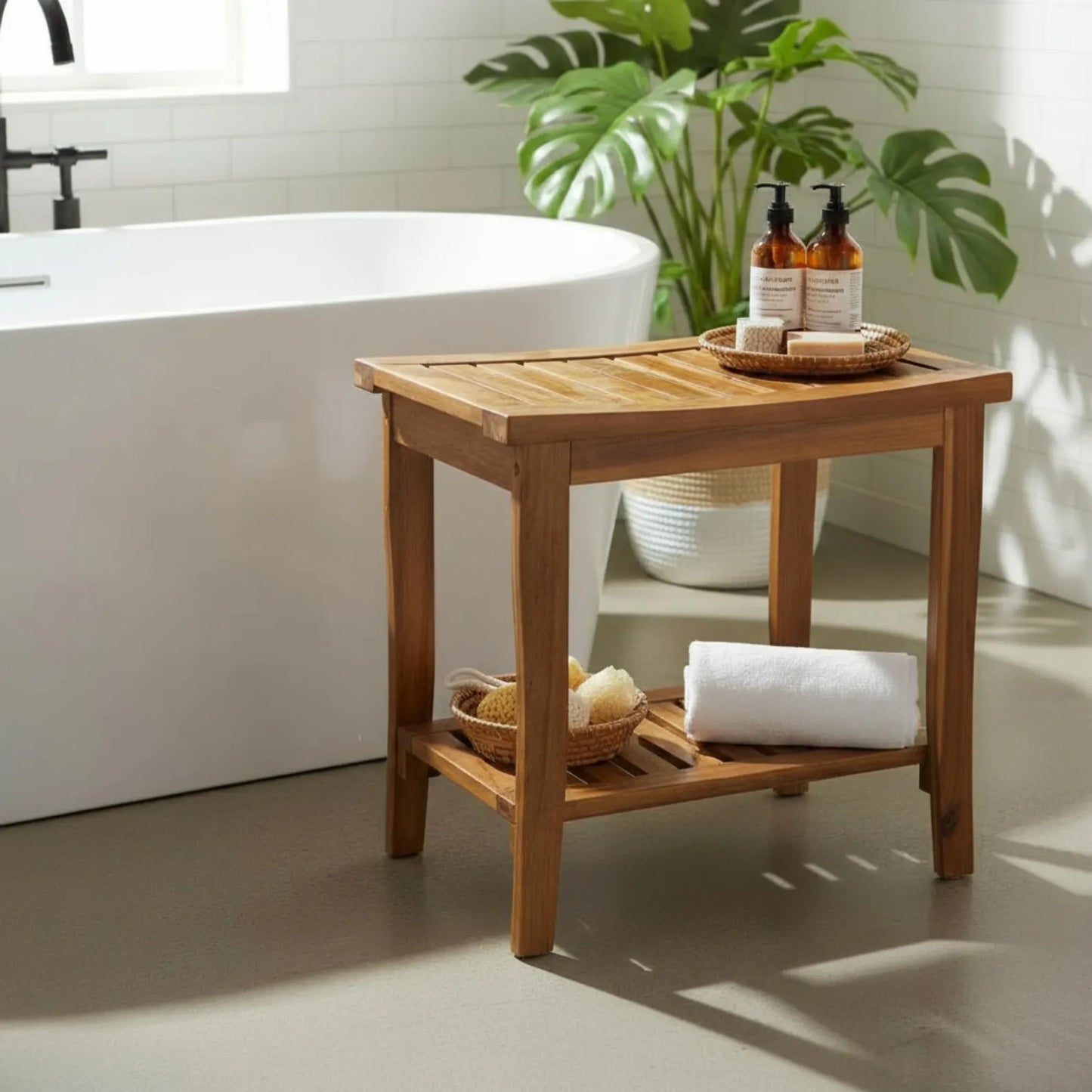 Dluxe Ave. TeakCraft Teak Shower Bench with Shelf 21 Inch Fully Assembled Teak Wood Shower Stool & Spa Shower Bench for Elderly Indoor and Outdoor Use The Hermod