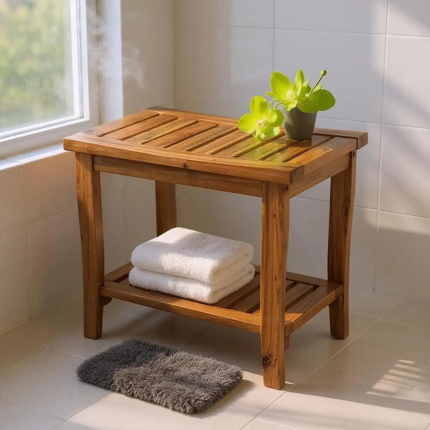 Dluxe Ave. TeakCraft Teak Shower Bench with Shelf 21 Inch Fully Assembled Teak Wood Shower Stool & Spa Shower Bench for Elderly Indoor and Outdoor Use The Hermod
