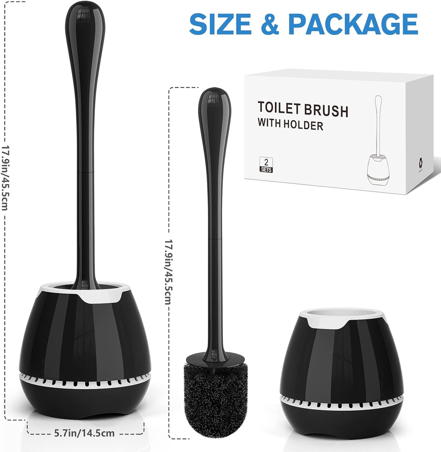 Dluxe Ave. Toilet Brush 2 Pack Toilet Bowl Brush with Ventilated Holder and Ergonomic Long Handle Durable Bristles Toilet Scrubber Set for Bathroom Cleaning(Black)