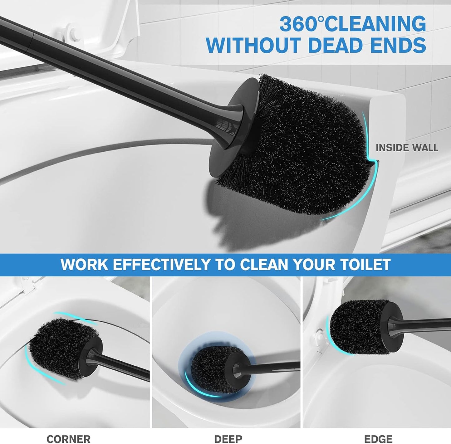 Dluxe Ave. Toilet Brush 2 Pack Toilet Bowl Brush with Ventilated Holder and Ergonomic Long Handle Durable Bristles Toilet Scrubber Set for Bathroom Cleaning(Black)