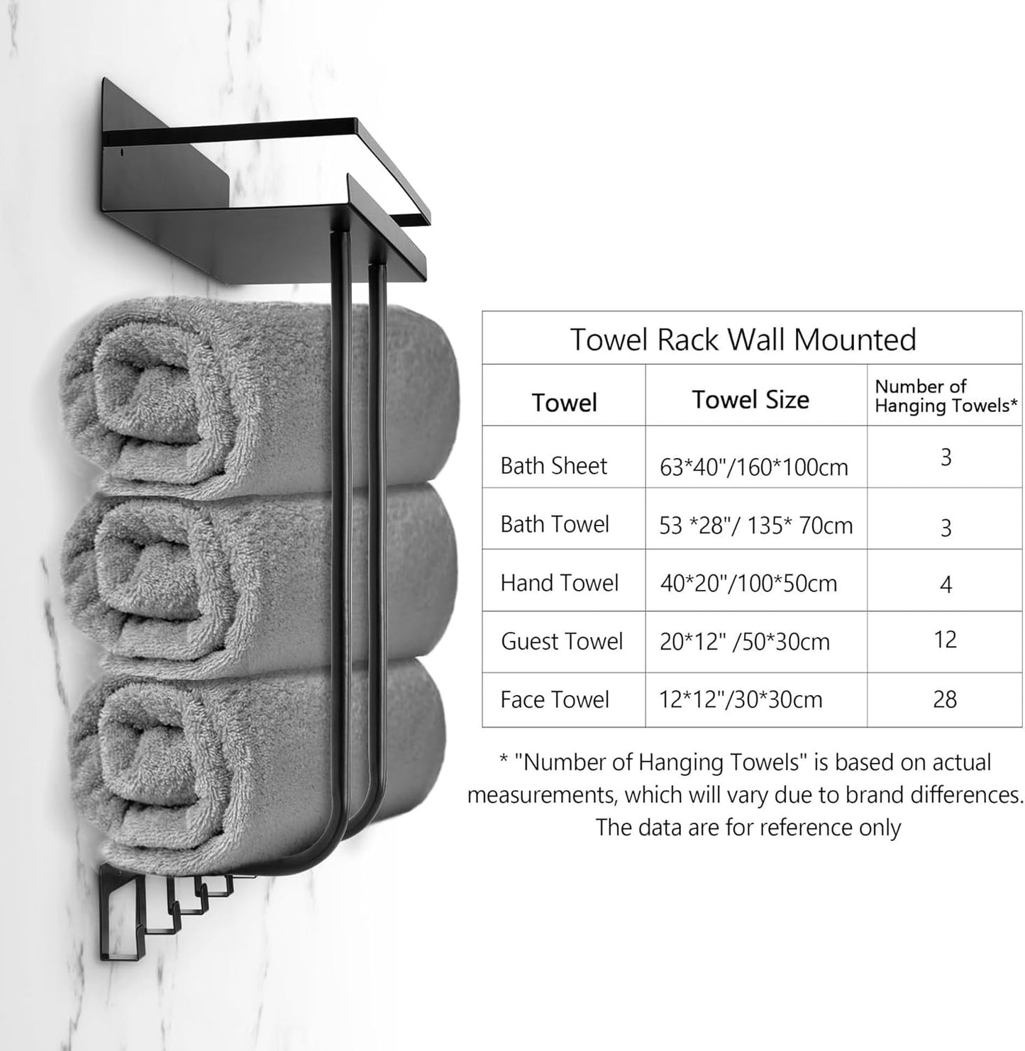 Dluxe Ave. Towel Racks for Bathroom Towel Rack Wall Mounted with Metal Shelf and 5 Hooks for Small Bathroom Towel Black