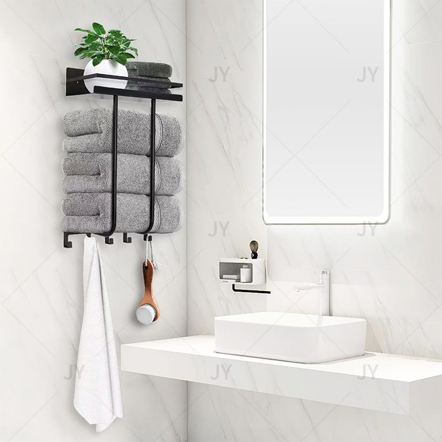 Dluxe Ave. Towel Racks for Bathroom Towel Rack Wall Mounted with Metal Shelf and 5 Hooks for Small Bathroom Towel Black