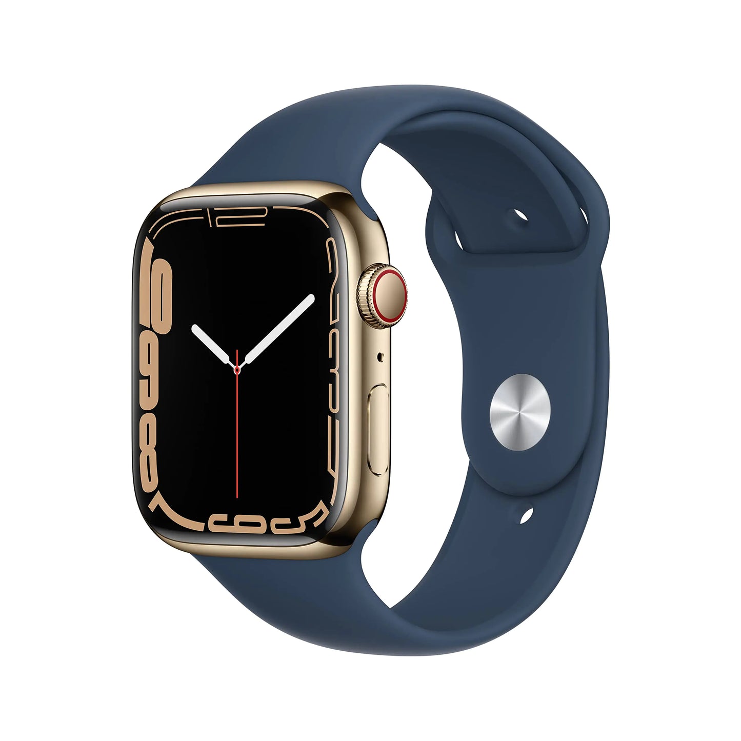Dluxe Ave.Apple Watch Series 7 (GPS + Cellular 45MM) - Gold Stainless Steel Case with Abyss Blue Sport Band (Renewed)