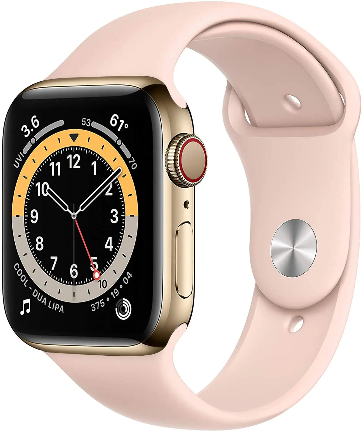 Dluxe Ave. Apple Watch Series 6 (GPS + Cellular 40mm) Gold Stainless Steel Case with Pink Sport Band (Renewed)