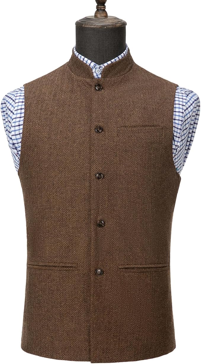 Dluxe Ave. (SMALL) Mens Herringbone Wool Vests/ High Collar/ Waistcoats Slim Fit/ Champagne