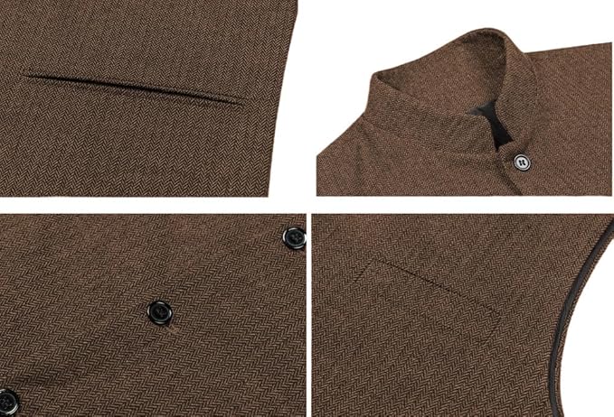 Dluxe Ave. (SMALL) Mens Herringbone Wool Vests/ High Collar/ Waistcoats Slim Fit/ Champagne