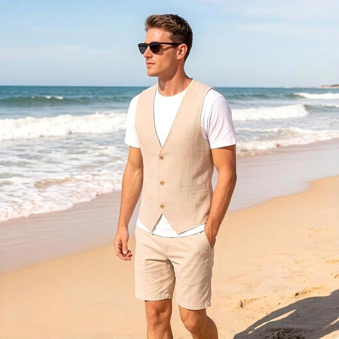 Dluxe Ave. (X-LARGE)  Mens Summer Linen Vest/ Waistcoat / Regular Fit/ Black