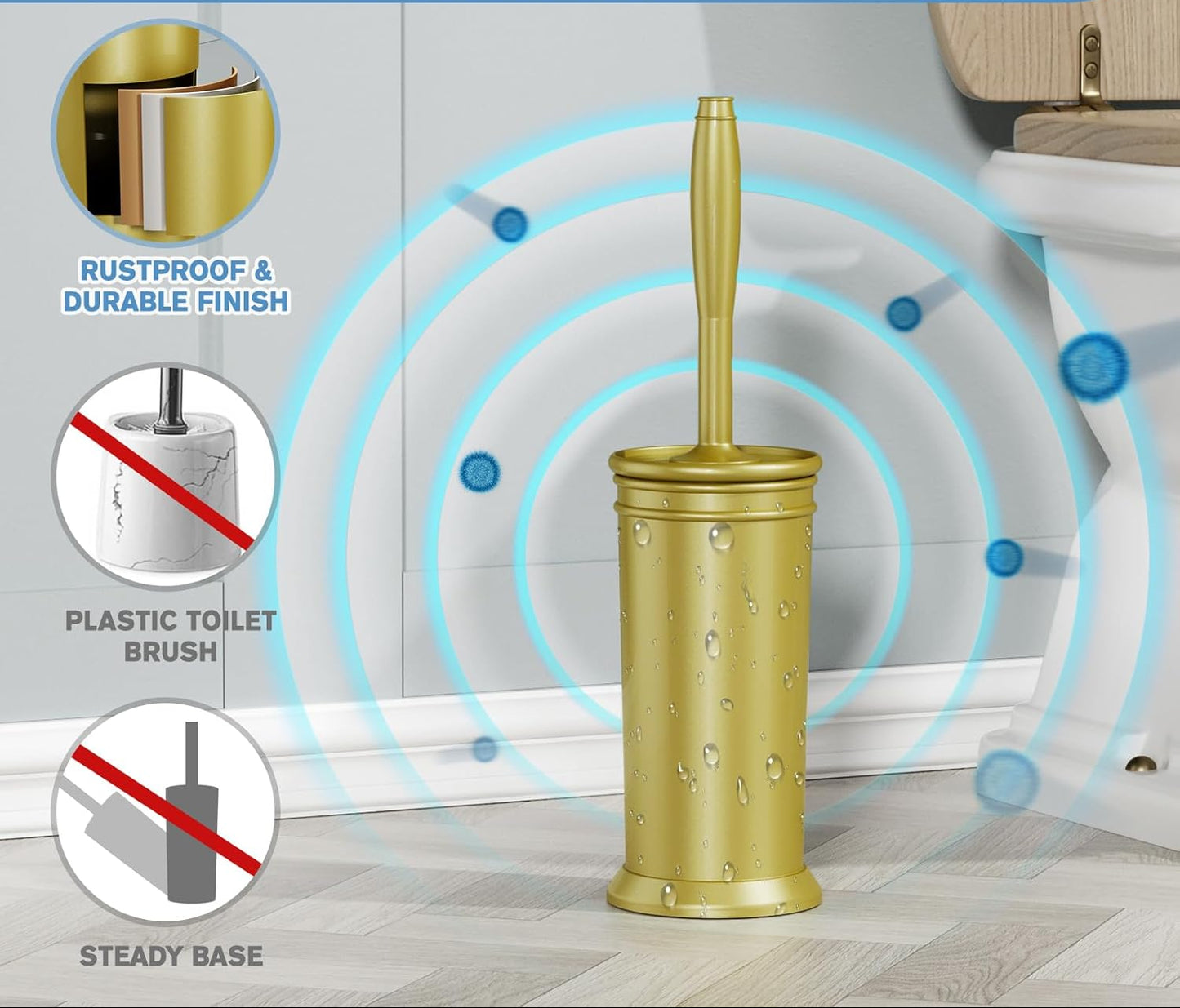 Dluxe Ave. UPTRONIC Toilet Brush Metal Toilet Brush and Holder Set with Extra Long Handle Durable Bristles Toilet Bowl Brush and Covered Holder for Toilet Scrubber for Bathroom Cleaning (Gold1 Set)