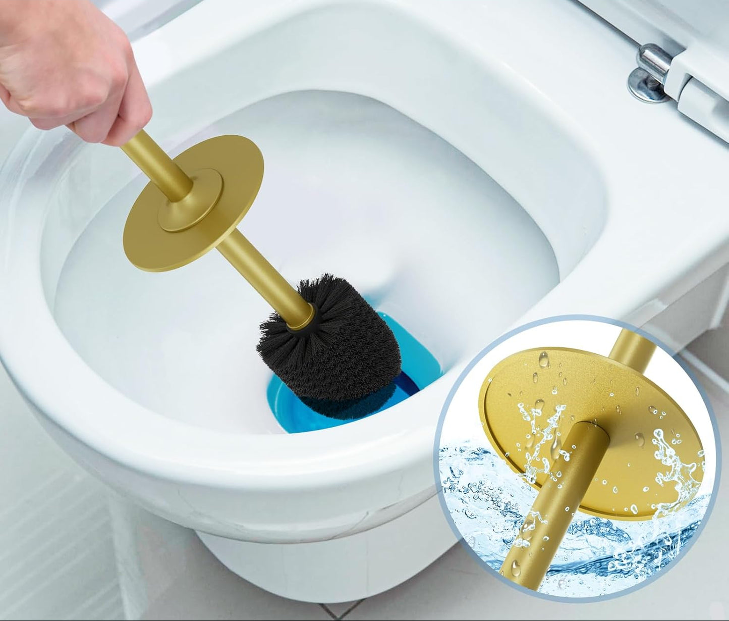 Dluxe Ave. UPTRONIC Toilet Brush Metal Toilet Brush and Holder Set with Extra Long Handle Durable Bristles Toilet Bowl Brush and Covered Holder for Toilet Scrubber for Bathroom Cleaning (Gold1 Set)