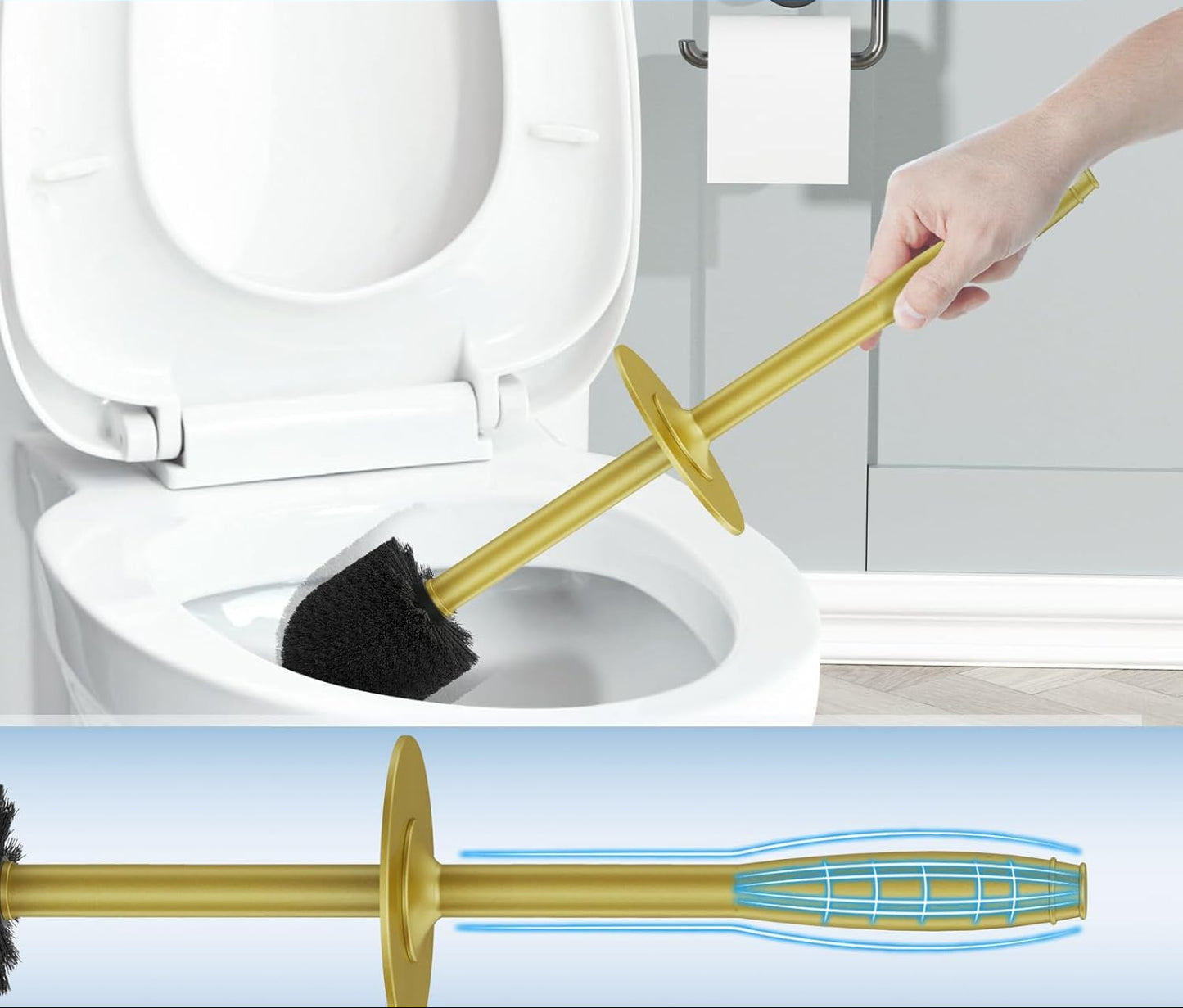 Dluxe Ave. UPTRONIC Toilet Brush Metal Toilet Brush and Holder Set with Extra Long Handle Durable Bristles Toilet Bowl Brush and Covered Holder for Toilet Scrubber for Bathroom Cleaning (Gold1 Set)