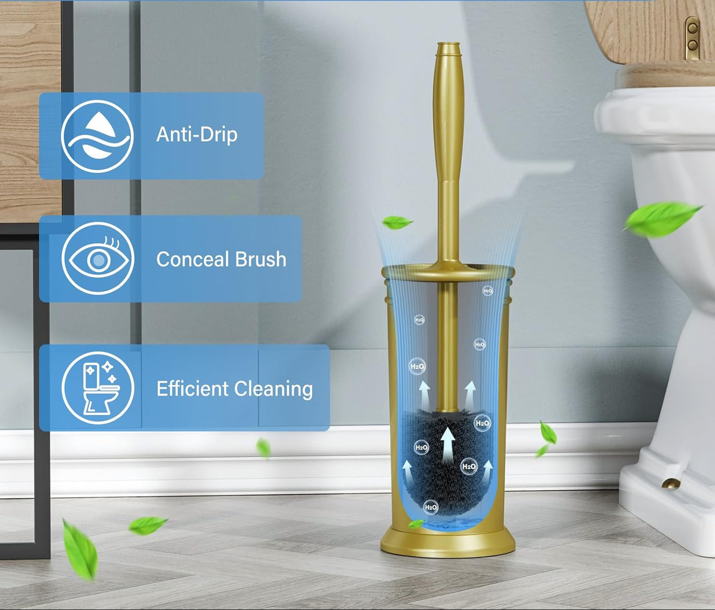 Dluxe Ave. UPTRONIC Toilet Brush Metal Toilet Brush and Holder Set with Extra Long Handle Durable Bristles Toilet Bowl Brush and Covered Holder for Toilet Scrubber for Bathroom Cleaning (Gold1 Set)