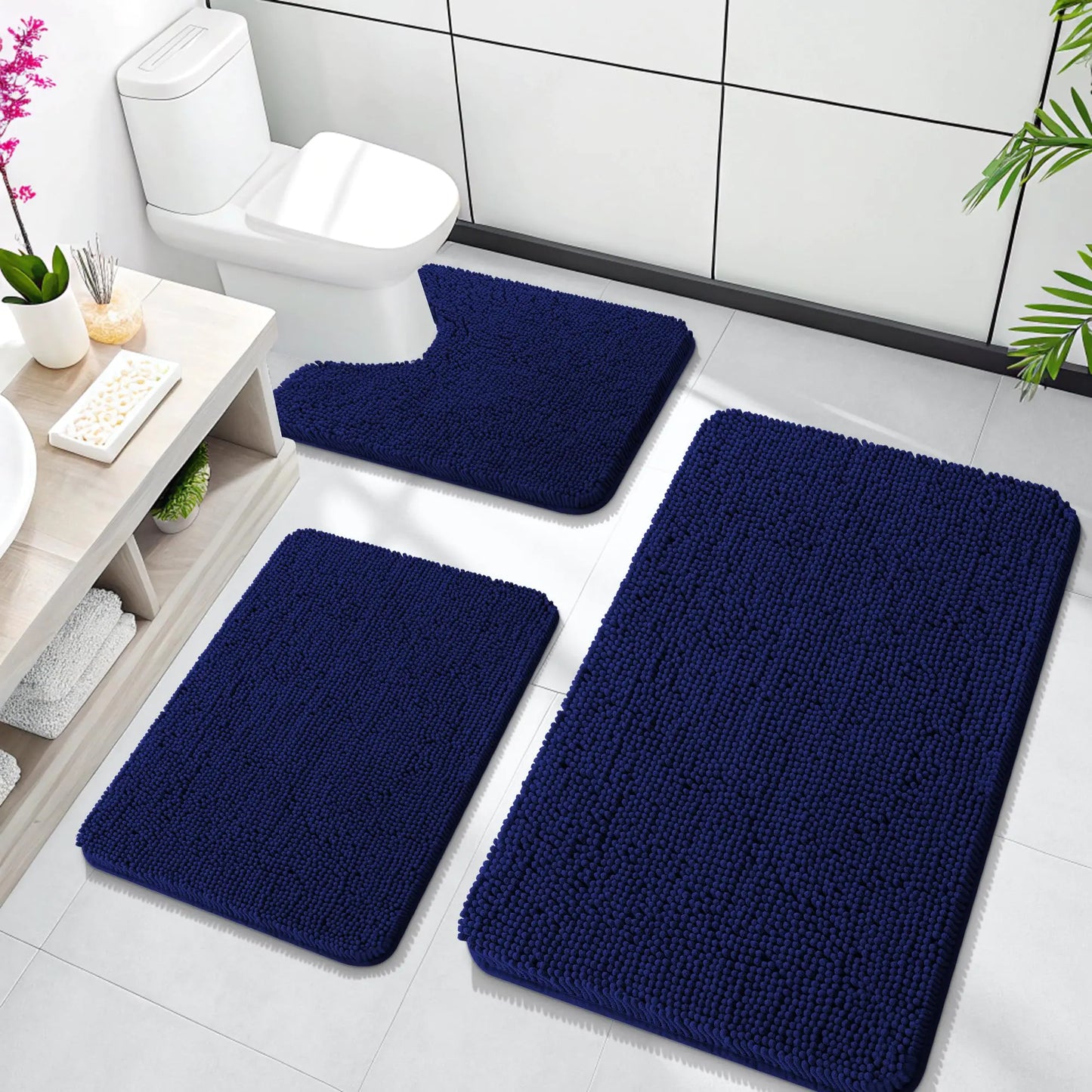 Dluxe Ave. OLANLY Bathroom Rugs Sets 3 Piece Soft Absorbent Chenille Bath Rugs and U-Shaped Contour Toilet Rug Area Rug Set Non-Slip Set for Bathroom Navy