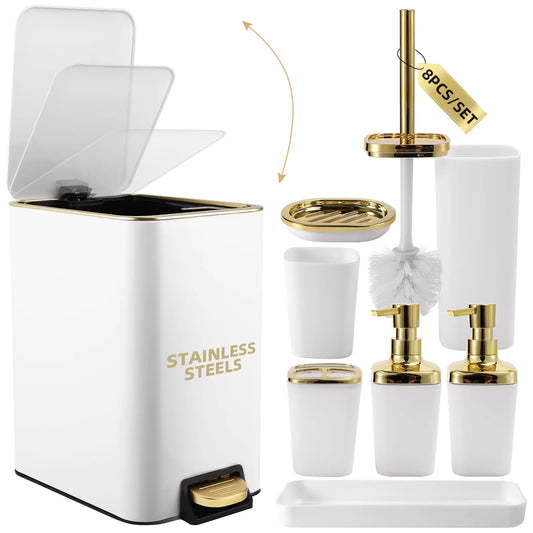 Dluxe Ave. XLHOMO White Bathroom Accessories Set 8 Piece White and Gold Bathroom Set
