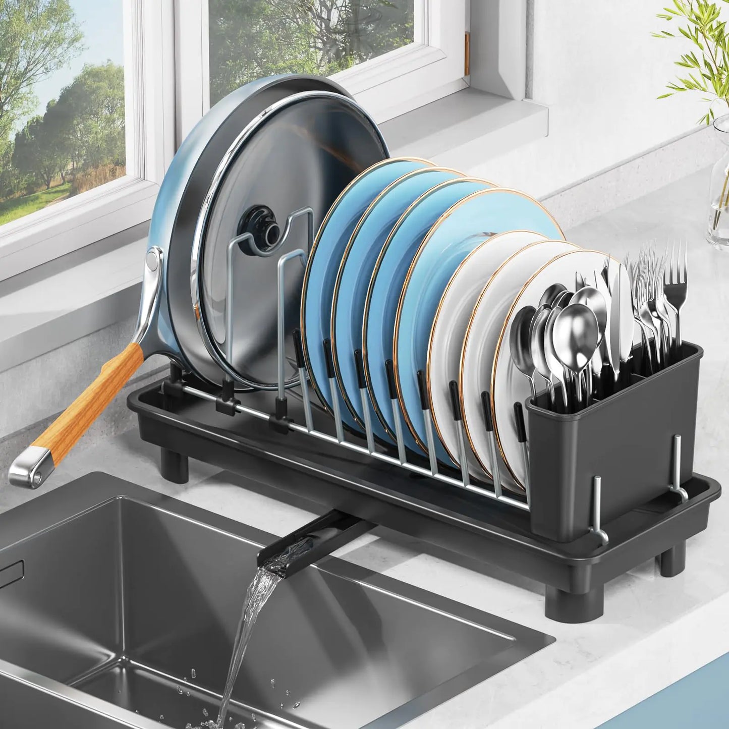 Dluxe Ave. Small Dish Drying Rack Compact for Kitchen Counter with 360° Rotatable Spout/ Stainless Steel