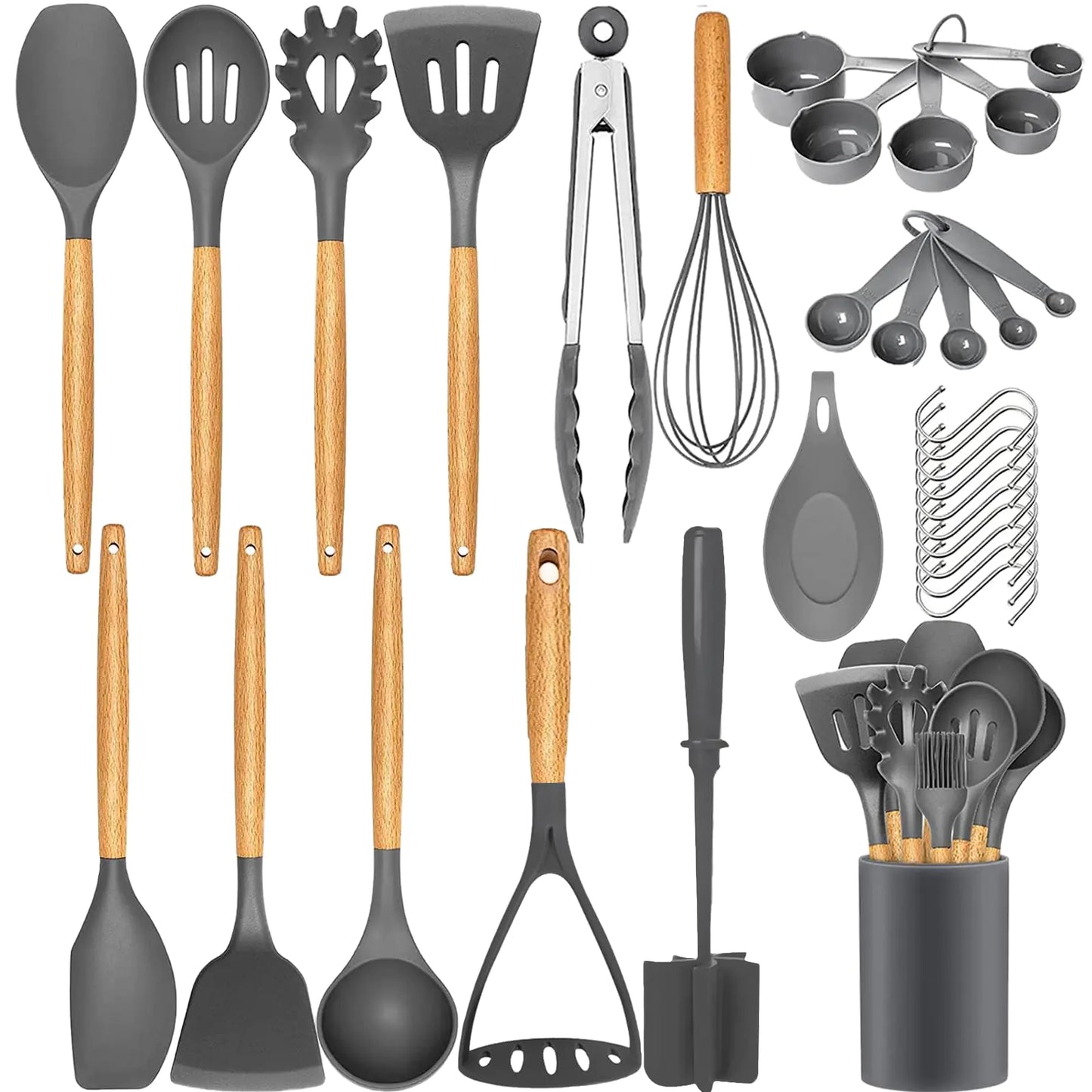 Dluxe Ave. 33 Pcs Non-Stick Silicone Cooking Utensils Set with SpatulaWooden Handle