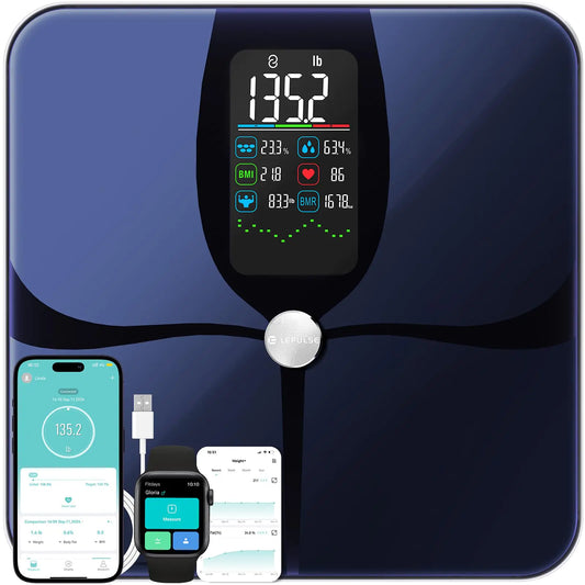 Dluxe Ave. Lepulse Body Fat Scale for Body Weight 4.68” Large Display with Trend Smart Weight Scale with BMI Body Fat Muscle Mass Heart Rate Upgraded 22 Body Composition Scale with App Bathroom Scale Black