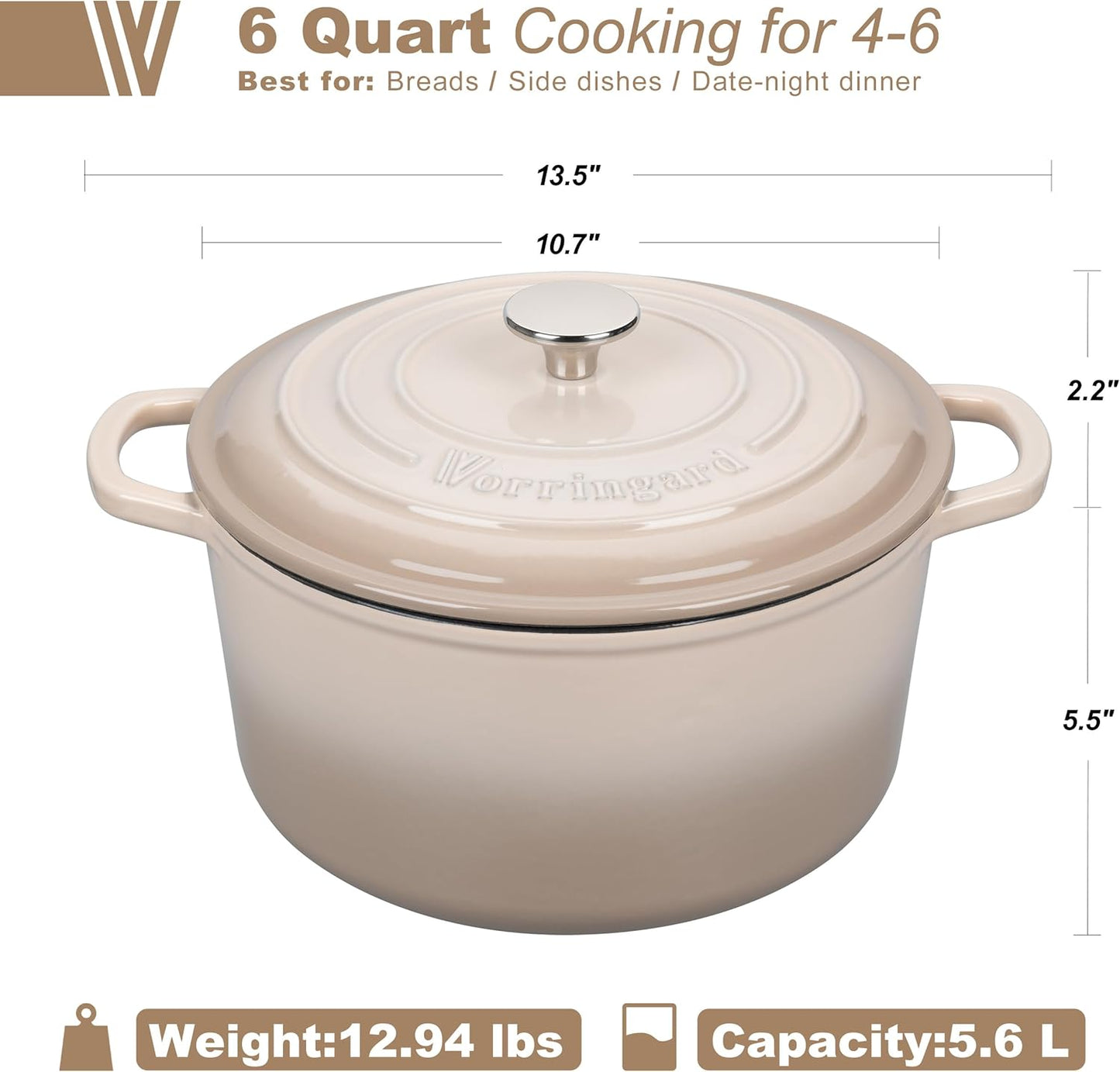 Dluxe Ave. Enameled Cast Iron Dutch Oven Pot with Lid for Sourdough Bread, Baking Round Dutch Ovens 6 Quart Latte
