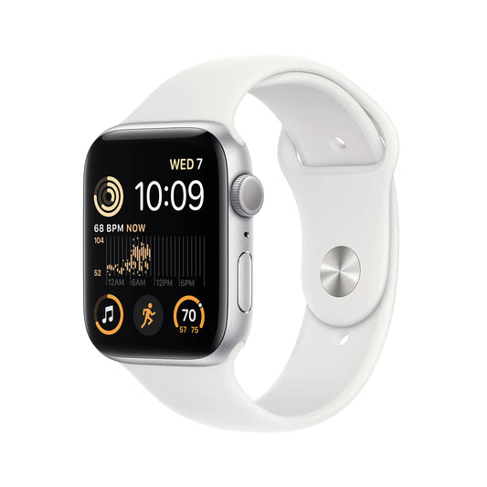 Dluxe Ave. Apple Watch SE (2nd Gen) (GPS 44mm) - Silver Aluminum Case with White Sport Band S/M (Renewed)