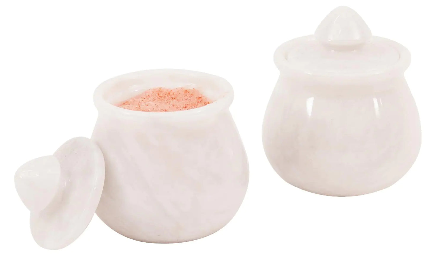 Dluxe Ave. Marble Salt Cellar With Lid White 3.5" Inches Handmade Set Of 2 Salt & Pepper Container Salt Box Salt Holder With Lid - Salt Cellar Spice Containers For Kitchen Decor